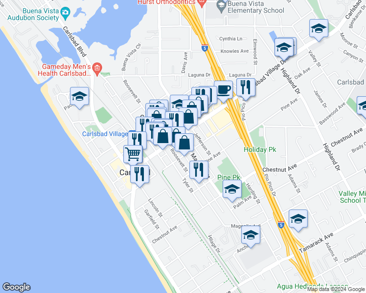 map of restaurants, bars, coffee shops, grocery stores, and more near 675 Carlsbad Village Drive in Carlsbad