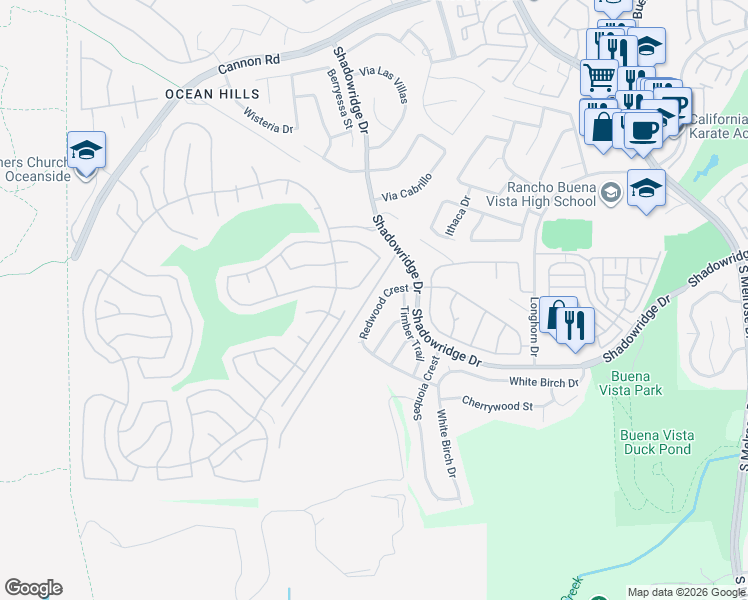map of restaurants, bars, coffee shops, grocery stores, and more near 6027 Patmos Way in Oceanside