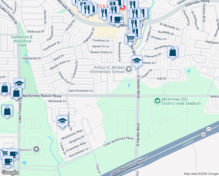 map of restaurants, bars, coffee shops, grocery stores, and more near 3805 Kathryn Way in McKinney