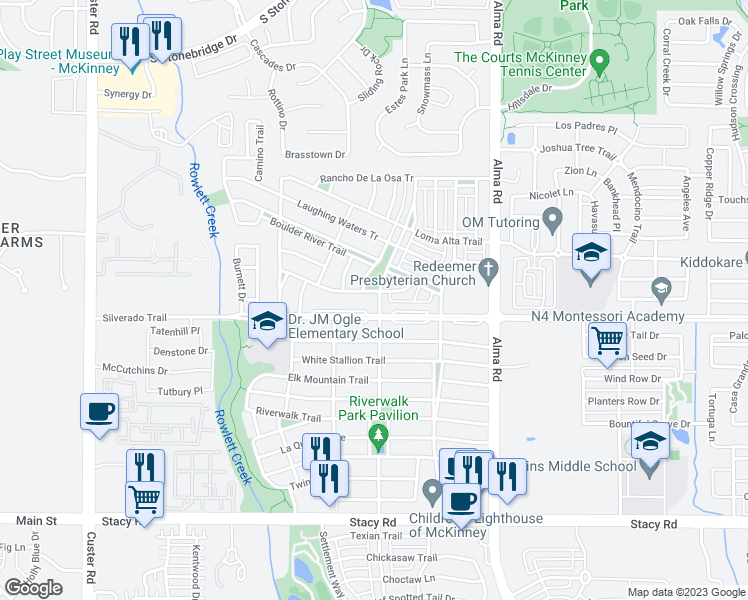 map of restaurants, bars, coffee shops, grocery stores, and more near 3928 Carmel Mountain Drive in McKinney