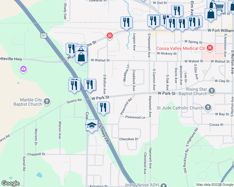 map of restaurants, bars, coffee shops, grocery stores, and more near 1000 West Park Street in Sylacauga
