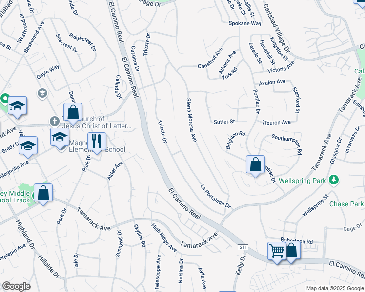 map of restaurants, bars, coffee shops, grocery stores, and more near 4107 La Portalada Drive in Carlsbad