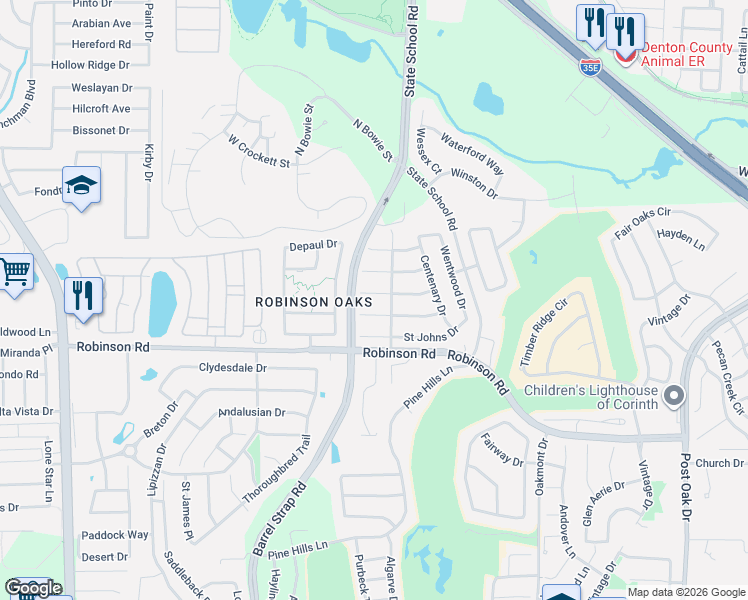 map of restaurants, bars, coffee shops, grocery stores, and more near 3517 Marquette Drive in Denton