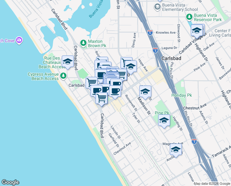 map of restaurants, bars, coffee shops, grocery stores, and more near 2972 State Street in Carlsbad