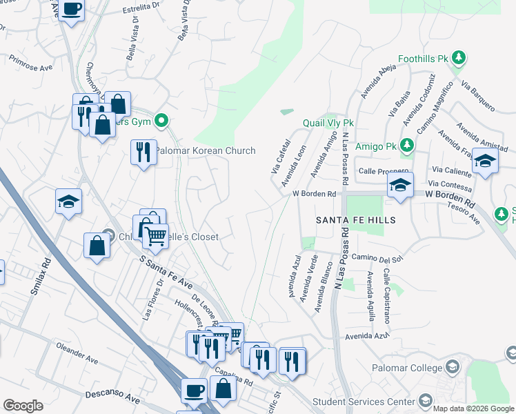 map of restaurants, bars, coffee shops, grocery stores, and more near 1514 West Borden Road in San Marcos