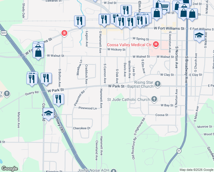 map of restaurants, bars, coffee shops, grocery stores, and more near 249 South Cannon Avenue in Sylacauga