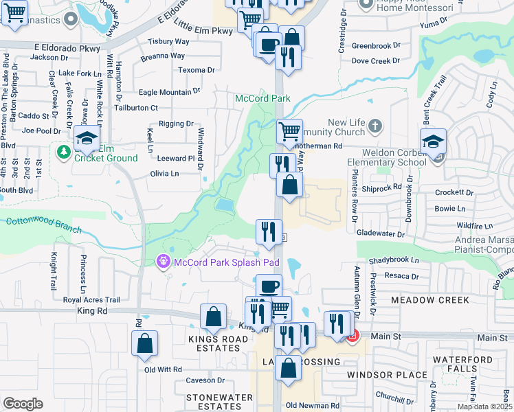 map of restaurants, bars, coffee shops, grocery stores, and more near 1750 Farm to Market Road 423 in Frisco