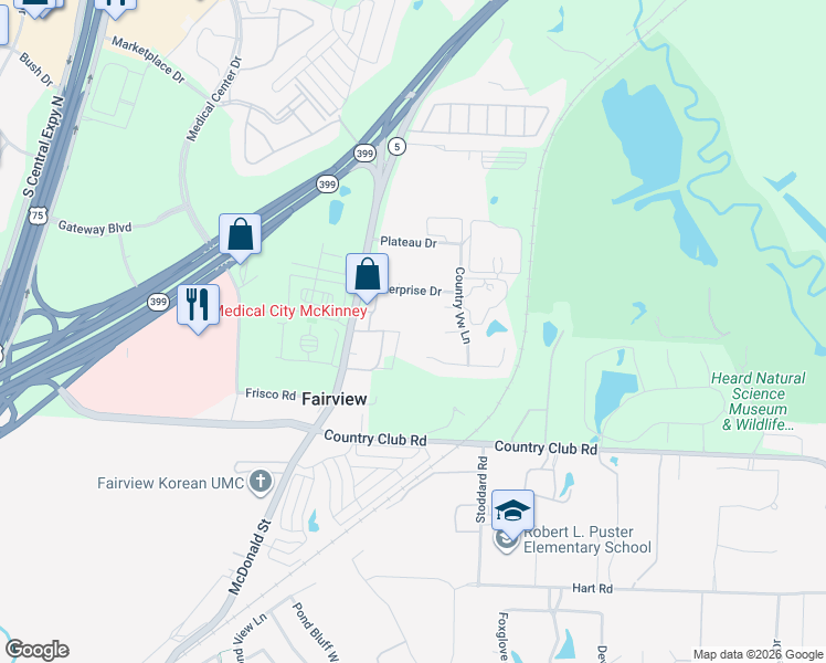 map of restaurants, bars, coffee shops, grocery stores, and more near 150 Enterprise Drive in McKinney