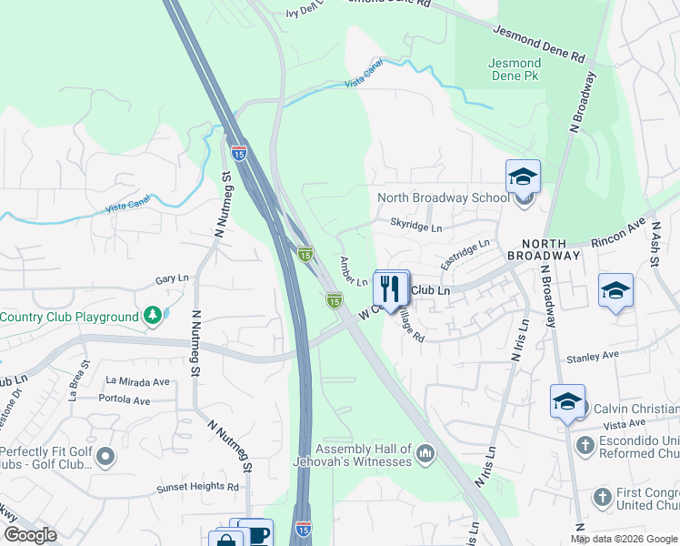 map of restaurants, bars, coffee shops, grocery stores, and more near 2265 Amber Lane in Escondido