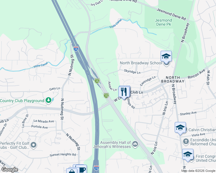 map of restaurants, bars, coffee shops, grocery stores, and more near 2265 Amber Lane in Escondido