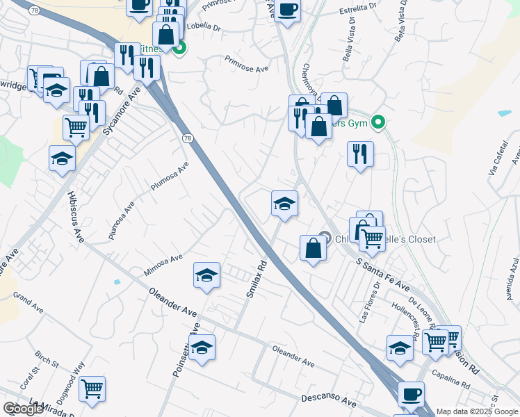 map of restaurants, bars, coffee shops, grocery stores, and more near 221 Smilax Road in Vista
