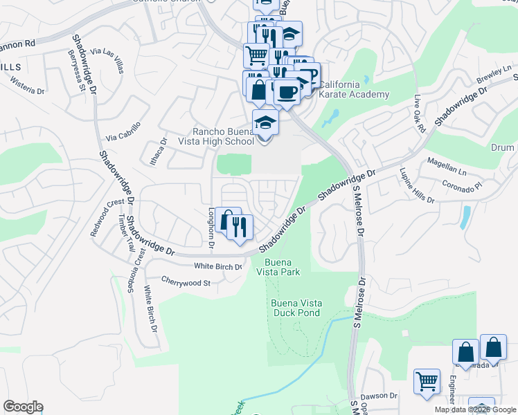 map of restaurants, bars, coffee shops, grocery stores, and more near 1853 Adriana Court in Vista