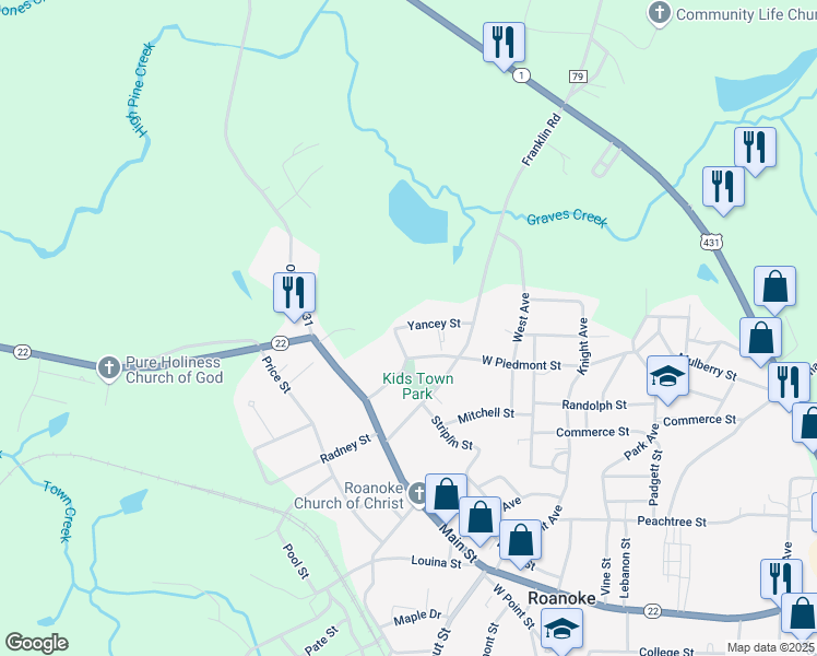 map of restaurants, bars, coffee shops, grocery stores, and more near 727 Airport Road in Roanoke