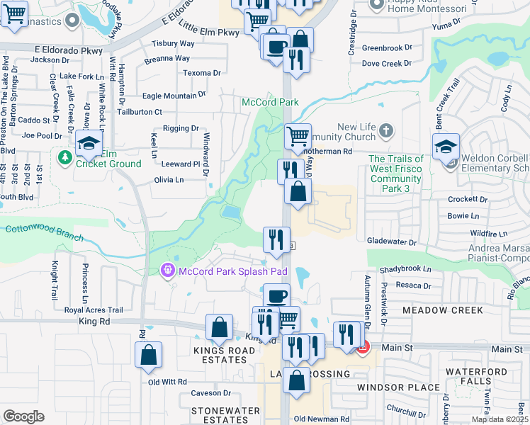 map of restaurants, bars, coffee shops, grocery stores, and more near 9499 Farm to Market Road 423 in Frisco