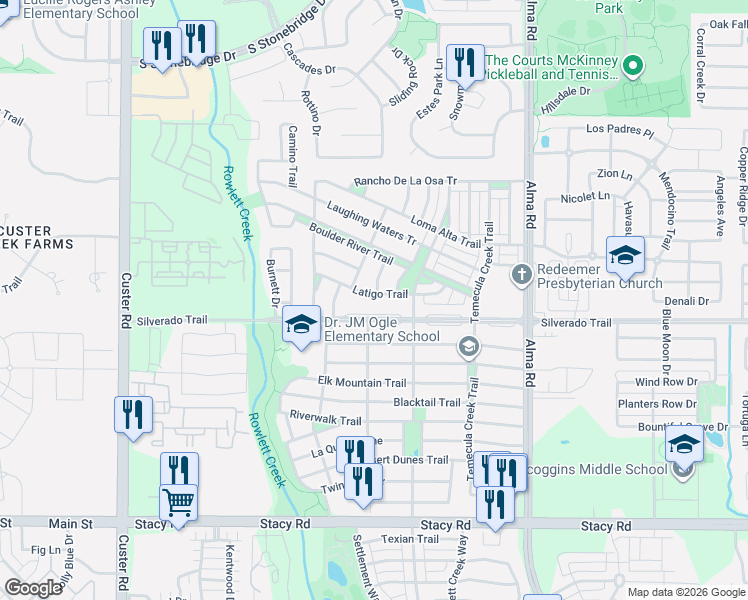 map of restaurants, bars, coffee shops, grocery stores, and more near 3825 Bitterroot Trail in McKinney