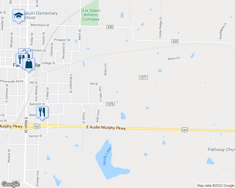 map of restaurants, bars, coffee shops, grocery stores, and more near 1167 County Road 1077 in Farmersville