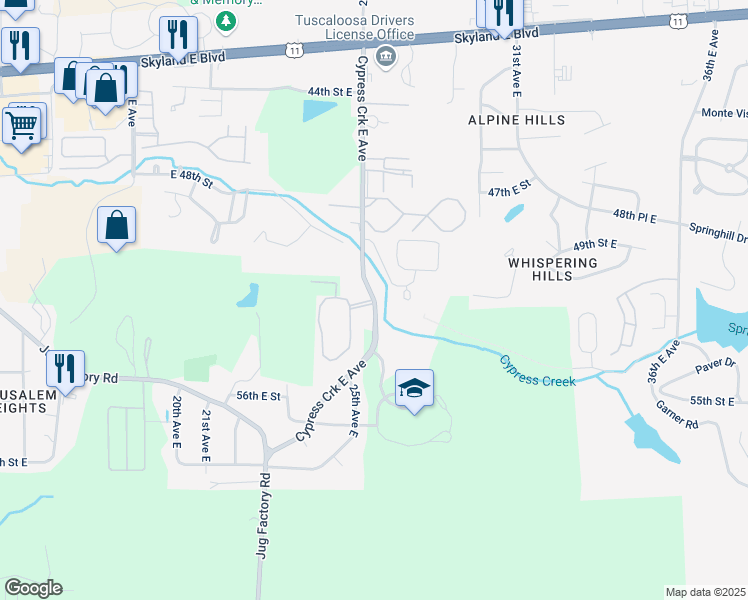 map of restaurants, bars, coffee shops, grocery stores, and more near 5001 Cypress Creek Avenue in Tuscaloosa