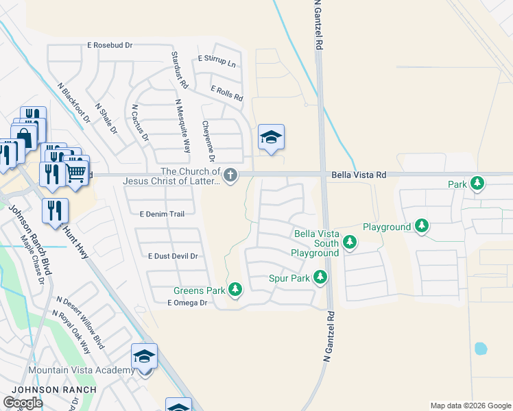 map of restaurants, bars, coffee shops, grocery stores, and more near 30954 North Desert Honeysuckle Drive in San Tan Valley
