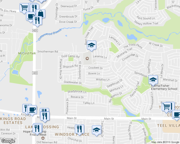 map of restaurants, bars, coffee shops, grocery stores, and more near 1298 Bowie Lane in Frisco