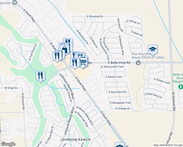 map of restaurants, bars, coffee shops, grocery stores, and more near 800 East Cowboy Cove Trail in San Tan Valley