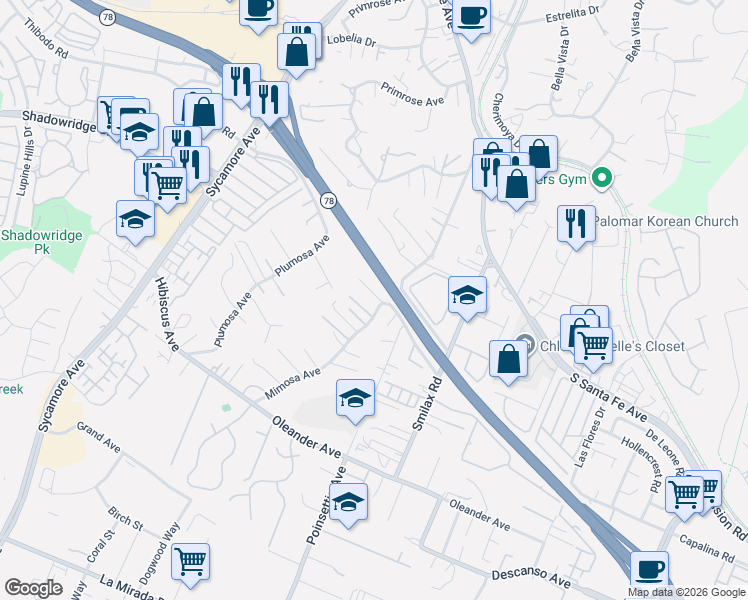 map of restaurants, bars, coffee shops, grocery stores, and more near 405 Mimosa Avenue in Vista