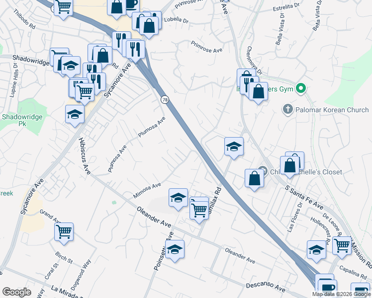 map of restaurants, bars, coffee shops, grocery stores, and more near 405 Mimosa Avenue in Vista