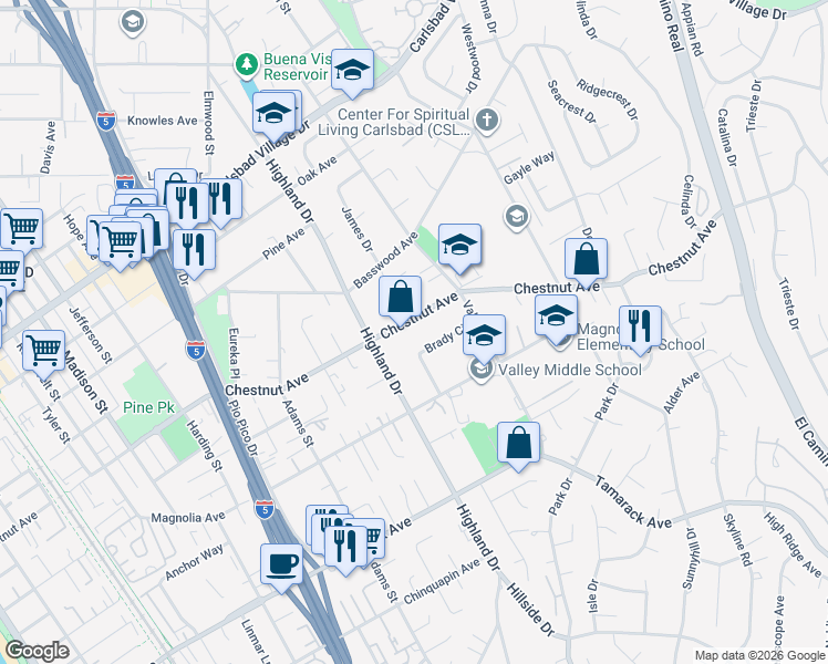 map of restaurants, bars, coffee shops, grocery stores, and more near 1565 Chestnut Avenue in Carlsbad