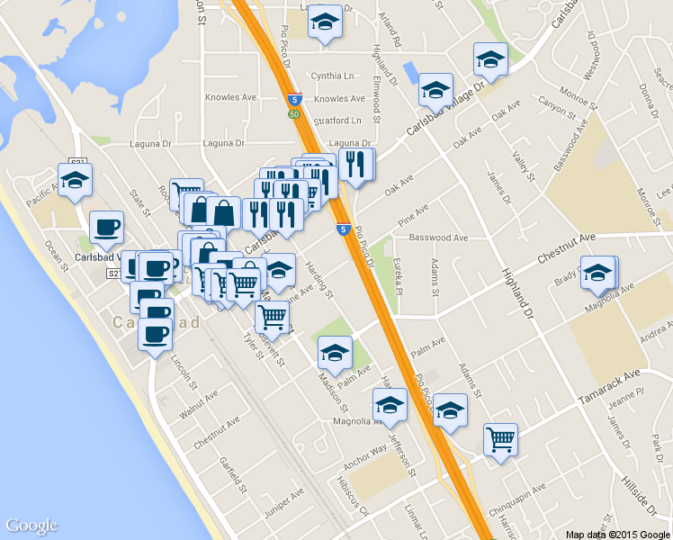 map of restaurants, bars, coffee shops, grocery stores, and more near 982 Pine Avenue in Carlsbad