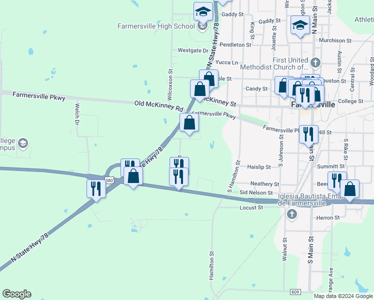 map of restaurants, bars, coffee shops, grocery stores, and more near 221 Raymond Street in Farmersville