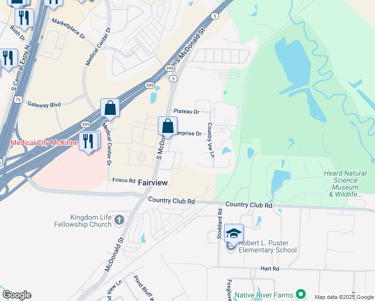 map of restaurants, bars, coffee shops, grocery stores, and more near 150 Enterprise Drive in McKinney