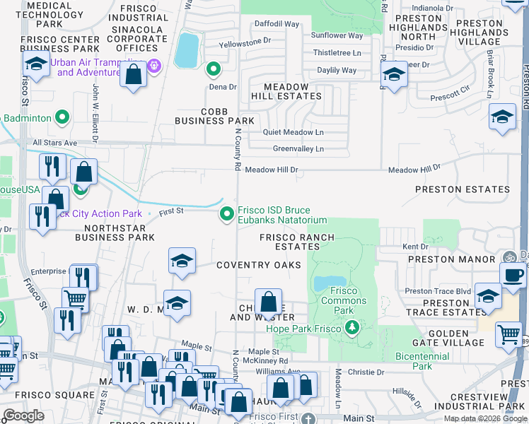 map of restaurants, bars, coffee shops, grocery stores, and more near 7650 Cottonwood Street in Frisco