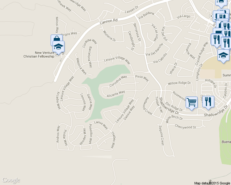 map of restaurants, bars, coffee shops, grocery stores, and more near 4994 Alicante Way in Oceanside