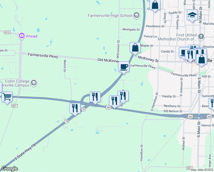 map of restaurants, bars, coffee shops, grocery stores, and more near 300 South State Highway 78 in Farmersville