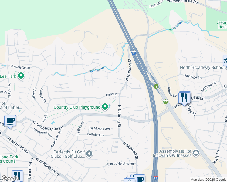 map of restaurants, bars, coffee shops, grocery stores, and more near 1140 Gary Lane in Escondido