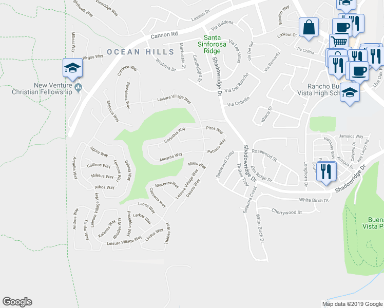 map of restaurants, bars, coffee shops, grocery stores, and more near 5043 Alicante Way in Oceanside