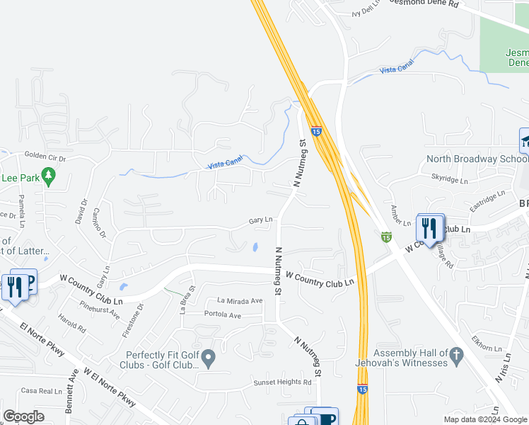 map of restaurants, bars, coffee shops, grocery stores, and more near 1140 Gary Lane in Escondido