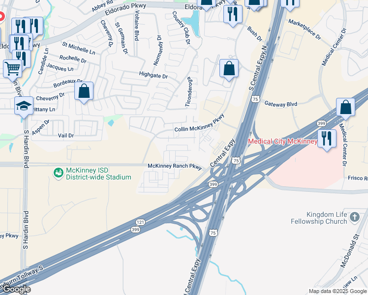 map of restaurants, bars, coffee shops, grocery stores, and more near 2212 Jameson Lane in McKinney