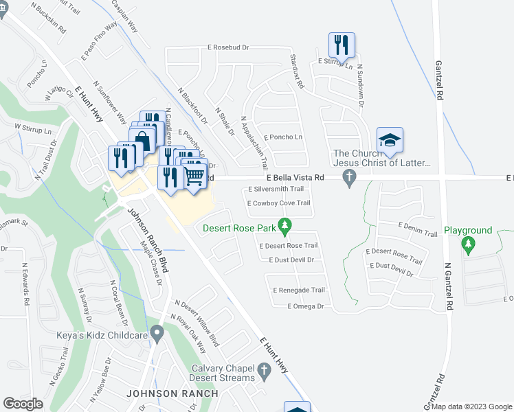 map of restaurants, bars, coffee shops, grocery stores, and more near 935 East Cowboy Cove Trail in San Tan Valley