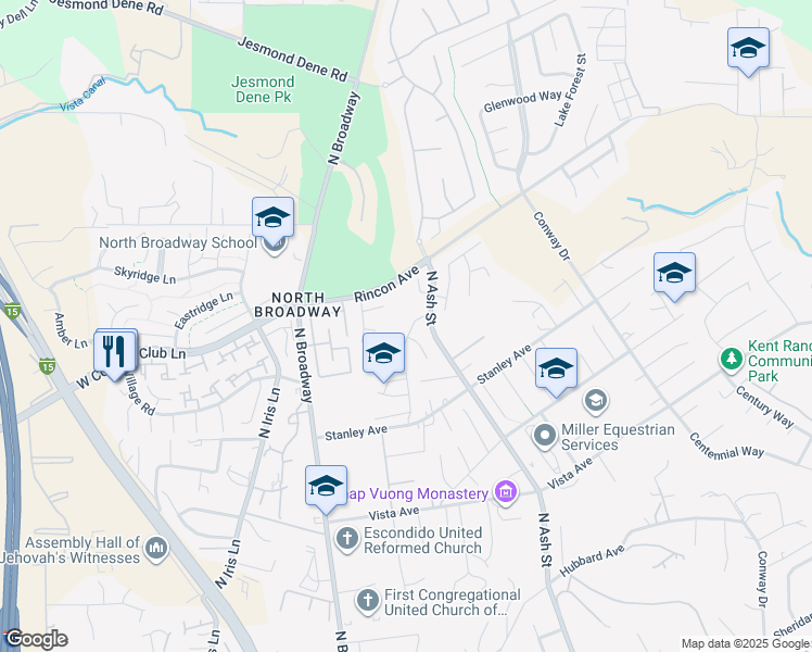 map of restaurants, bars, coffee shops, grocery stores, and more near 2199 Pleasantwood Lane in Escondido