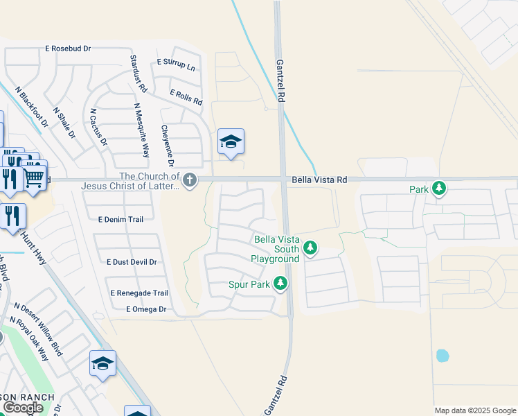 map of restaurants, bars, coffee shops, grocery stores, and more near 30989 North Dry Creek Way in Queen Creek
