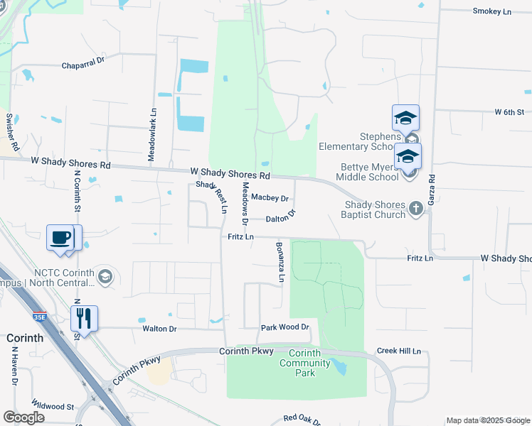 map of restaurants, bars, coffee shops, grocery stores, and more near 3609 Dalton Drive in Corinth