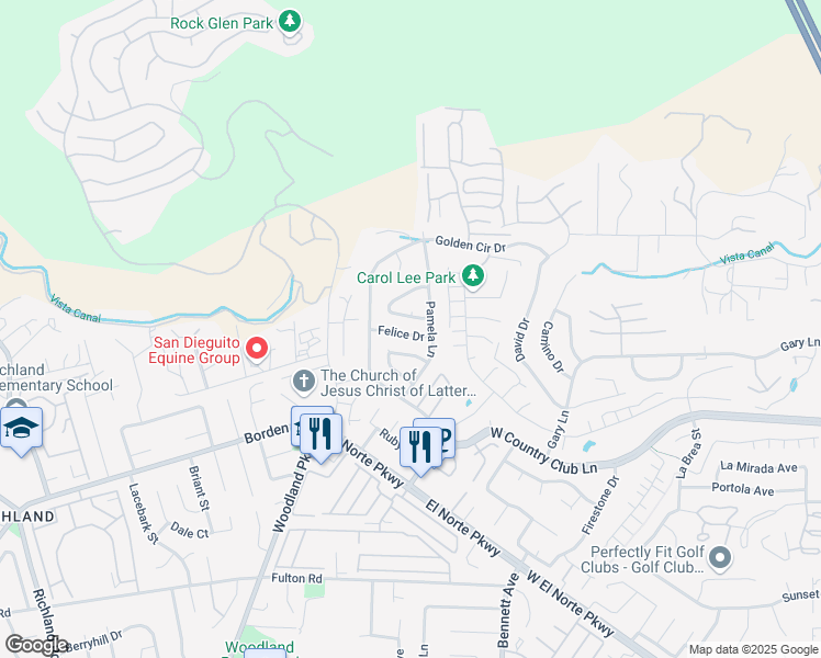 map of restaurants, bars, coffee shops, grocery stores, and more near 1912 Felice Drive in Escondido