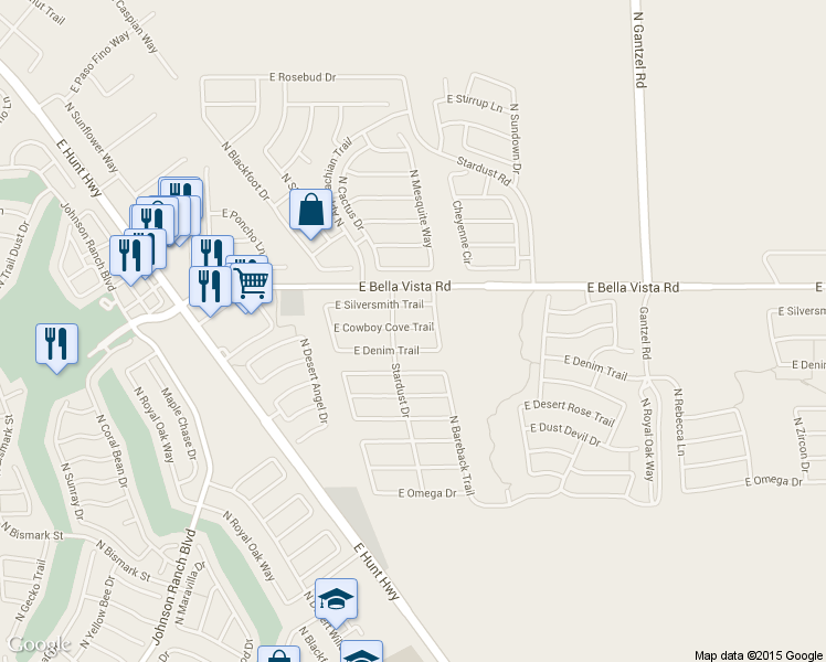 map of restaurants, bars, coffee shops, grocery stores, and more near 1155 East Cowboy Cove Trail in San Tan Valley