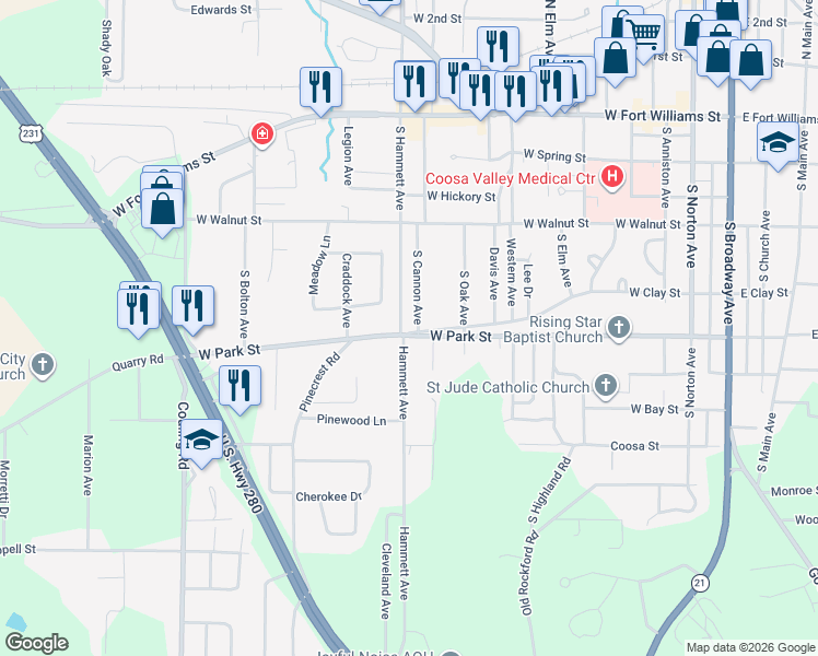 map of restaurants, bars, coffee shops, grocery stores, and more near 249 South Cannon Avenue in Sylacauga