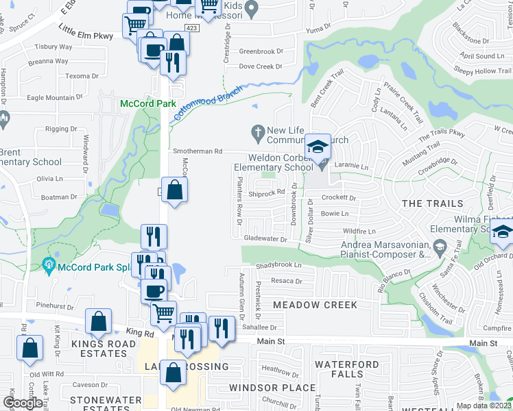 map of restaurants, bars, coffee shops, grocery stores, and more near 806 High Meadow Road in Frisco