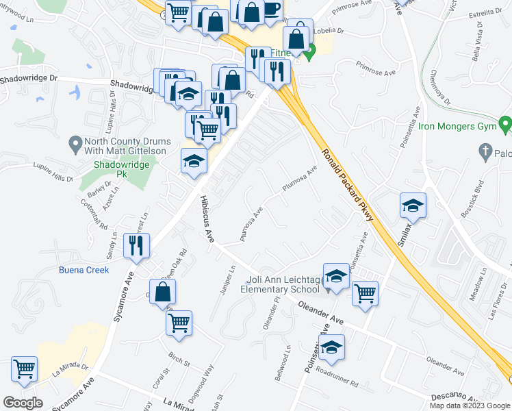 map of restaurants, bars, coffee shops, grocery stores, and more near 753 Plumosa Avenue in Vista