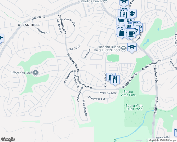 map of restaurants, bars, coffee shops, grocery stores, and more near 1960 Rosewood Street in Vista