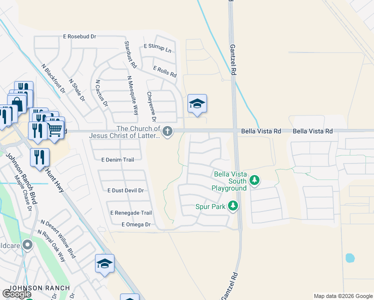 map of restaurants, bars, coffee shops, grocery stores, and more near 30994 North Desert Honeysuckle Drive in San Tan Valley