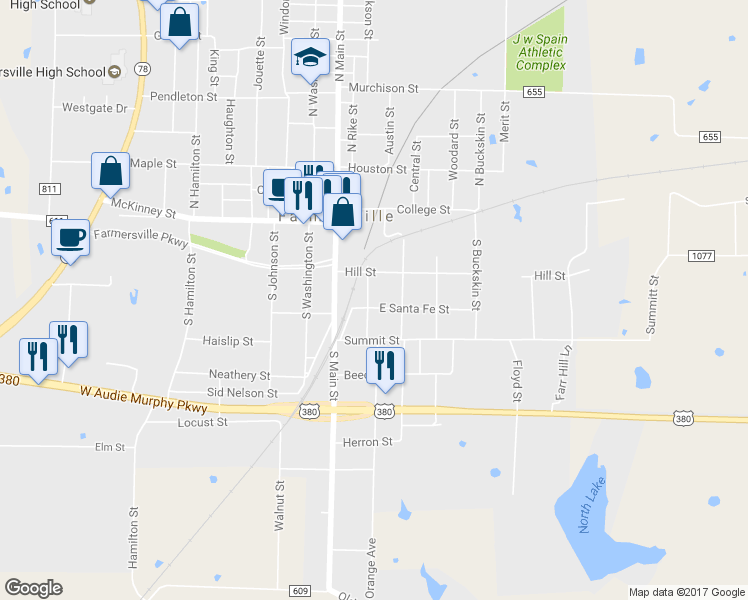 map of restaurants, bars, coffee shops, grocery stores, and more near 213 Orange Avenue in Farmersville