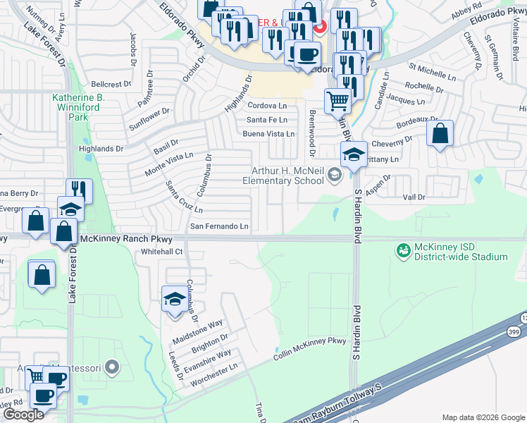 map of restaurants, bars, coffee shops, grocery stores, and more near 3808 Mariner Street in McKinney